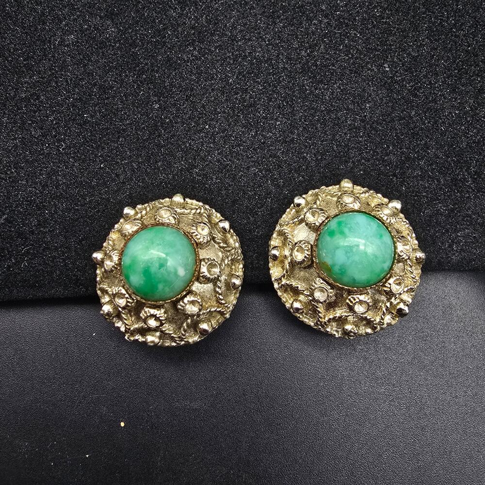 Vintage Peking Glass Clip On Earrings Gold Tone Round Circle